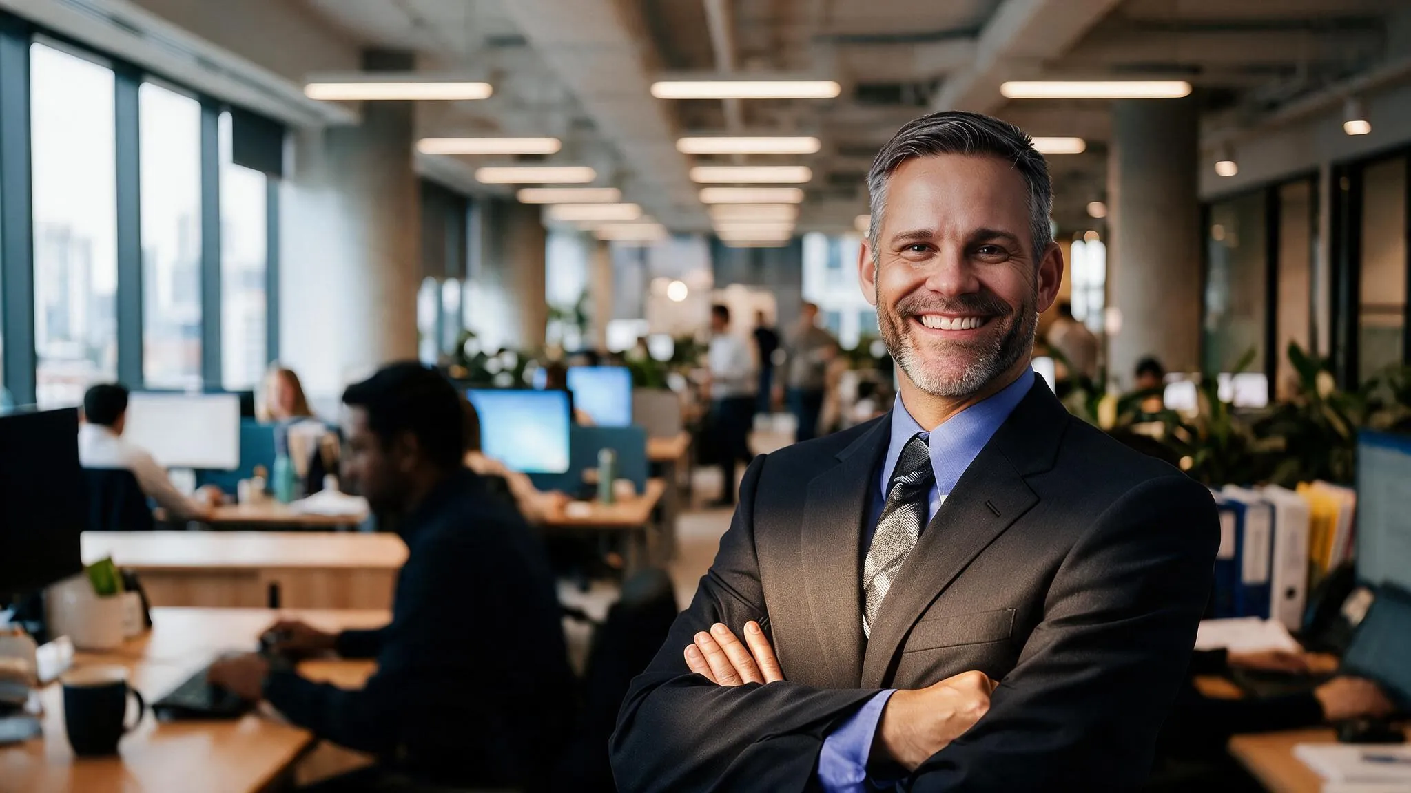 Empresa em ambiente corporativo, sorrindo para a câmera