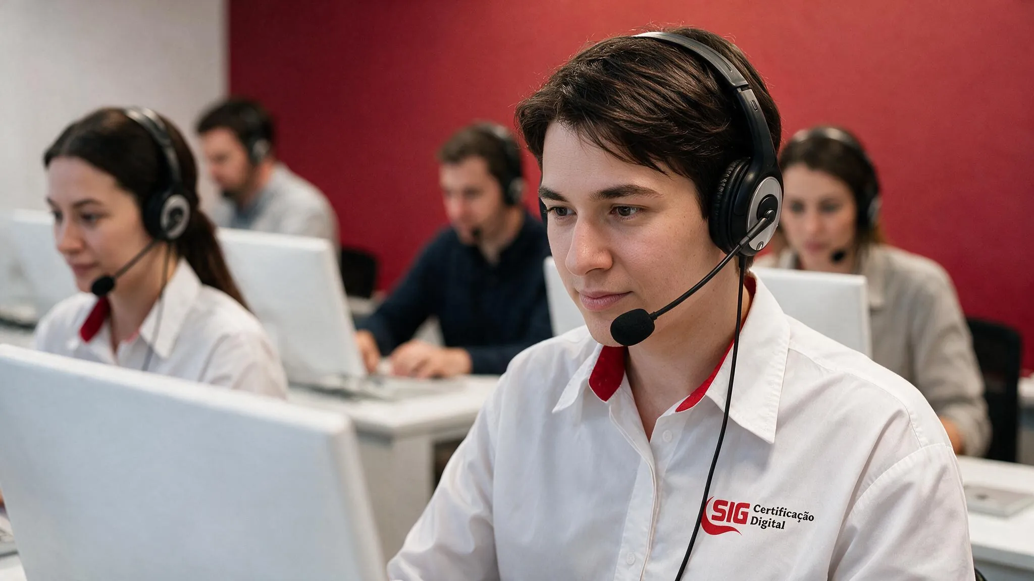 Equipe de suporte da sig certificadora atendendo ao cliente usando headsets