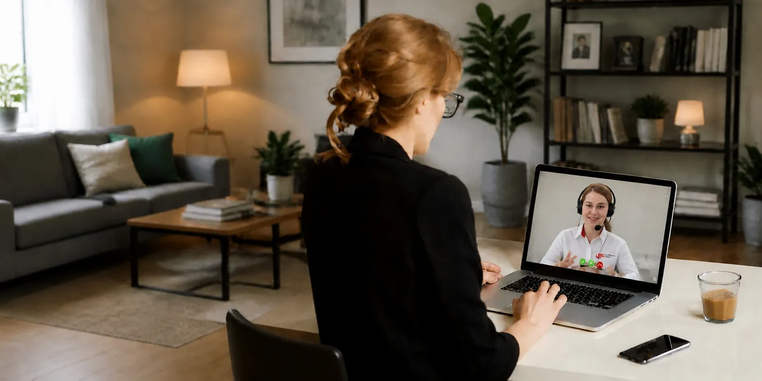 Pessoa participando de uma videochamada em um notebook